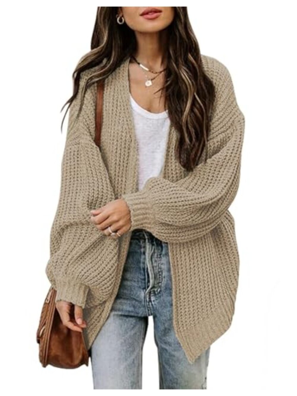 Oversized Lantern Long Sleeve Chunky Knit Open Front Cardigan